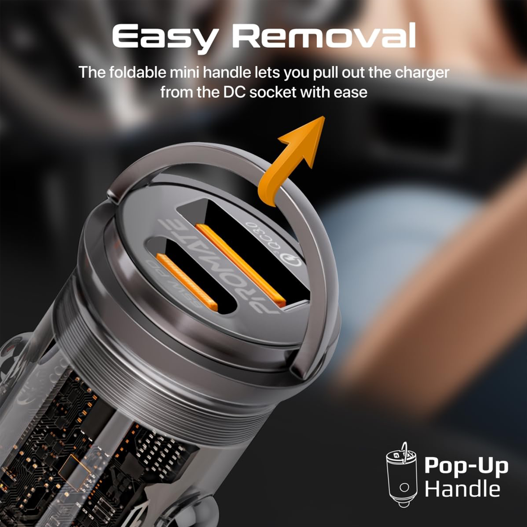 Promate TransDrive-65W 65W RapidCharge™ Transparent Mini Car Charger with Power Delivery & QC 3.0 Promate TransDrive-65W 65W RapidCharge™ Transparent Mini Car Charger with Power Delivery & QC 3.0